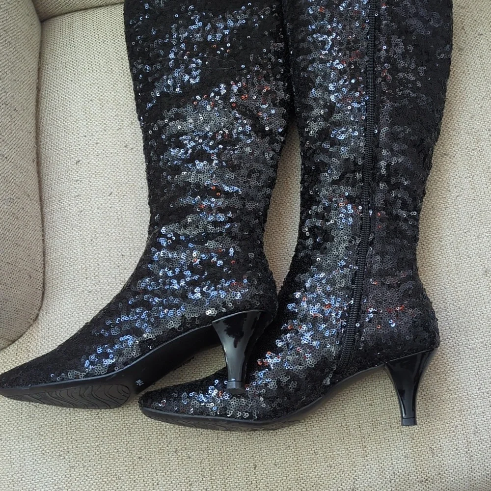 Impo Elegant Black Sequin Knee-High Boots Sixe 7.5 - Picture 4 of 6